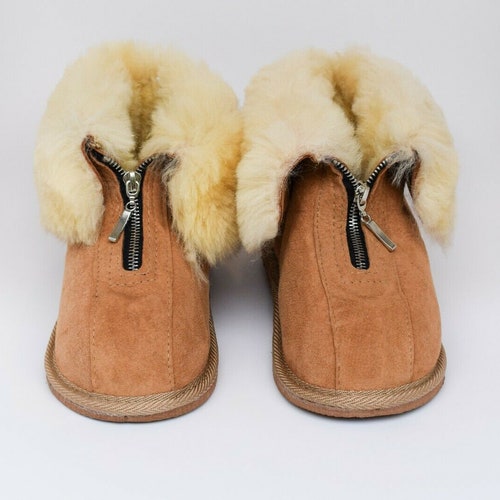 Men's Women's Genuine Sheepskin Slippers with Zipper Fur Hand Crafted Hard Sole