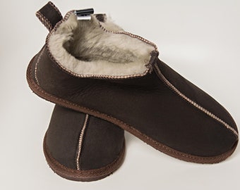 Men's Women's Genuine Sheepskin Slippers 100% Real Fur Hand Crafted HARD SOLE Brown