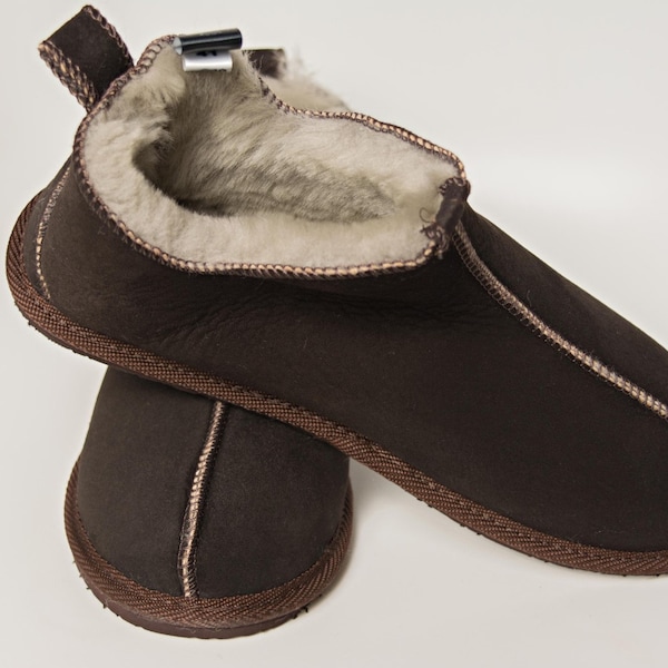 Men's Women's Genuine Sheepskin Slippers 100% Real Fur Hand Crafted HARD SOLE Brown