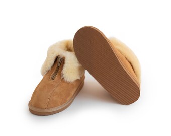 Men's Women's Genuine Sheepskin Slippers with ZIPPER Fur Hand Crafted HARD SOLE