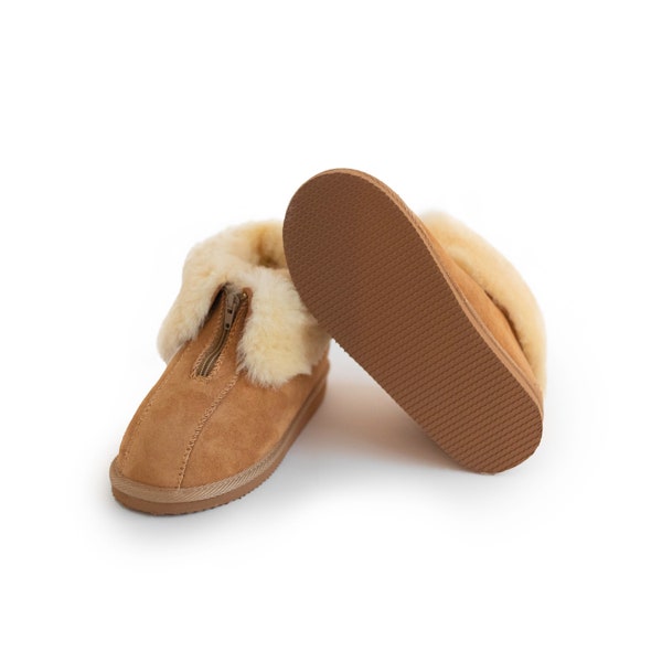 Men's Women's Genuine Sheepskin Slippers with ZIPPER Fur Hand Crafted HARD SOLE