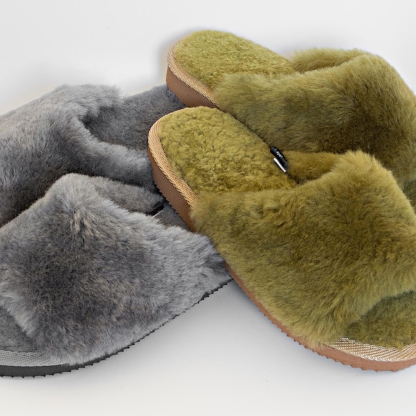 Echte warme schapenvacht pantoffels dames dames open teen natuurlijke wol groen-grijs-wit
