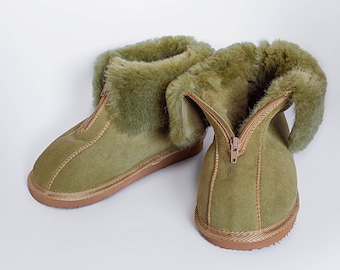 Men's Women's Genuine Sheepskin Slippers Olive with ZIPPER Fur Hand Crafted HARD SOLE