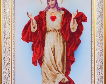 Divine Mercy Jesus Icon – Handmade Beaded Embroidery, Catholic Wall Art