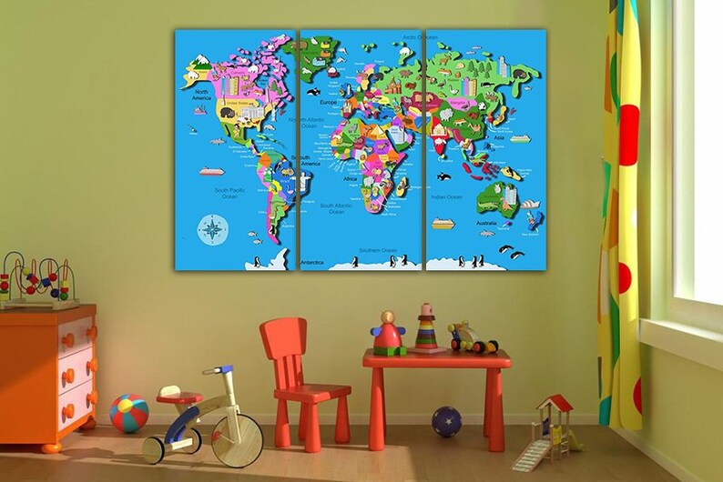 Kids Map Canvas World Map Canvas World Map Print Map Wall Art Etsy