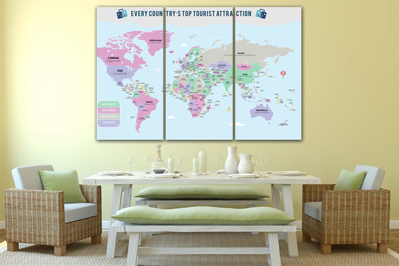 World wonders World map canvas Map wall art World map decor | Etsy