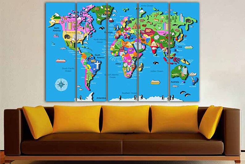 Kids Map Canvas World Map Canvas World Map Print Map Wall Art Etsy