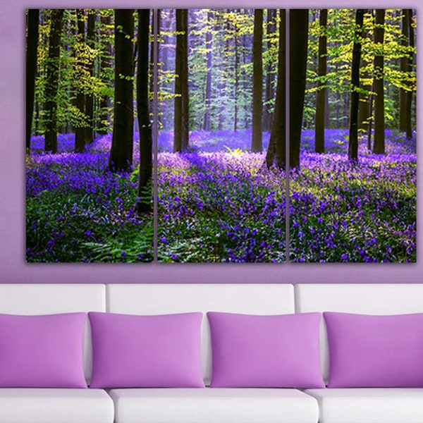 Purple flower in forest print on canvas Ready to hang Bluebells wall art Spring Fashion home décor Modish picture Nature artwork Tree gift