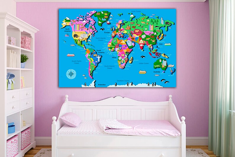 Kids Map Canvas World Map Canvas World Map Print Map Wall Art Etsy
