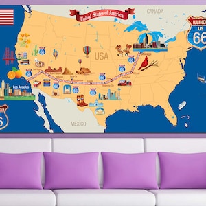 Route 66 Map Route 66 Wall Map Canvas Print Map Wall Art American Map Road 66 Poster Map Poster 