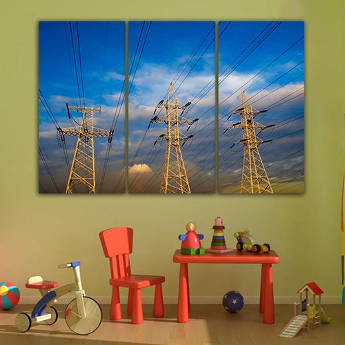 Wall art canvas High voltage High voltage print City industrial Power shops lines print Power lines Electric cables Lineman wall art Electricity
