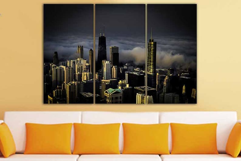 Panel art Chicago on canvas Chicago print City wall art Chicago architecture City building Chicago d\u00e9cor Black white photo Chicago gift
