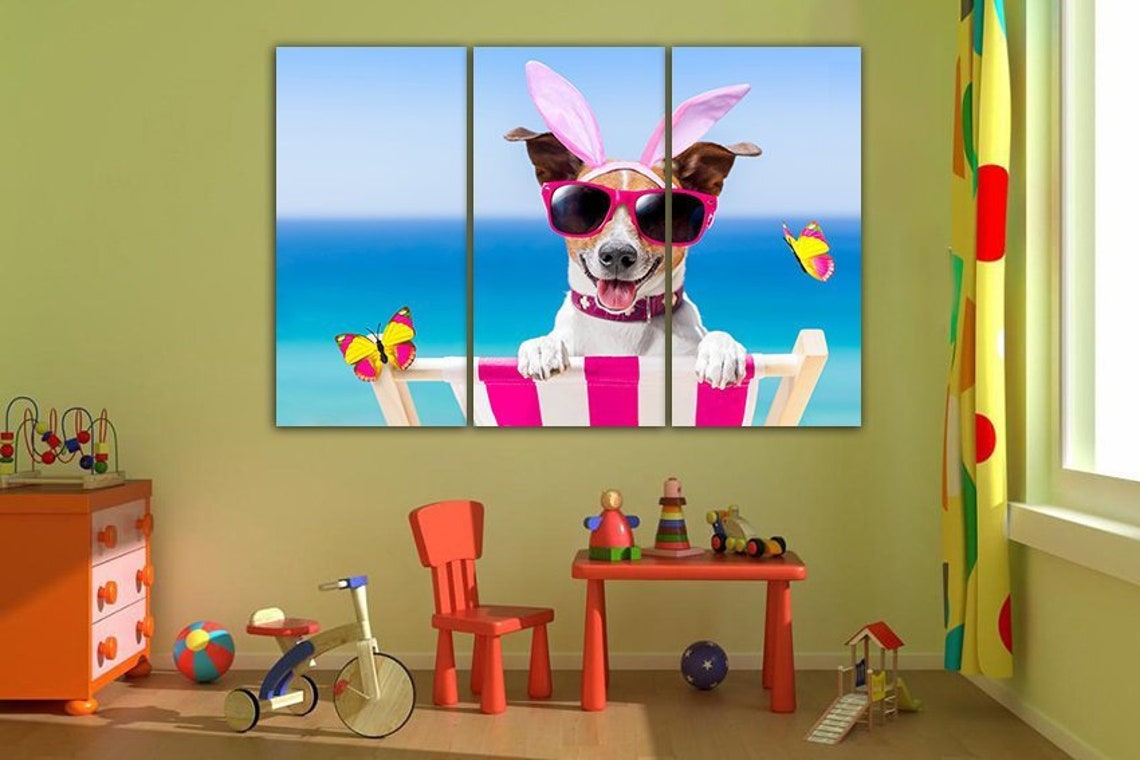 Dog on beach Wall art canvas Dog with glasses Nursery decor Etsy