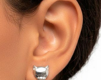 Cat Stud Earrings, Silver Plated Tiny Cat Studs, Minimalist Animal Jewelry Gift for Her Women, Everyday Nature Earrings