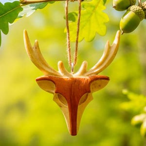 Padauk Wood Deer Head Necklace: Wooden Animal Pendant