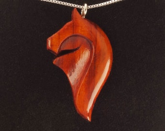 Hand Carved Padauk Wood Horse Pendant Necklace