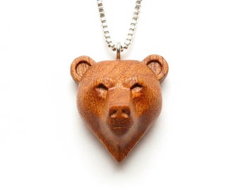 Bear Necklace, Hand Carved Wood Bear Pendant, Spirit Animal Totem Gift for Her Women Men, Woodland Nature Jewelry, Forest Wooden Charm