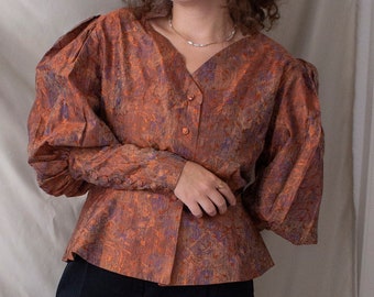 vintage handmade blouse | one of a kind | puff sleeves mutton sleeves | size medium - large | orange brown embroidery