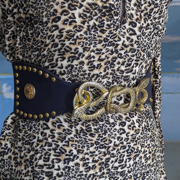 vintage | studded snake belt | statement belt | cinch belt | blue & gold | intertwined snakes