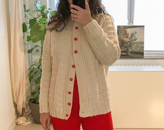 vintage knit cardigan | size medium / large | white & red | wool-blend sweater