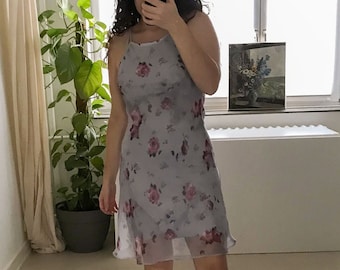 90er Jahre Vintage Alyn Paige | Sommerkleid | Größe small | geblümtes Minikleid | blaugrau | Hergestellt in den USA