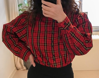 vintage NP blouse | Made in Finland | size medium | red black yellow plaid | christmas holidays