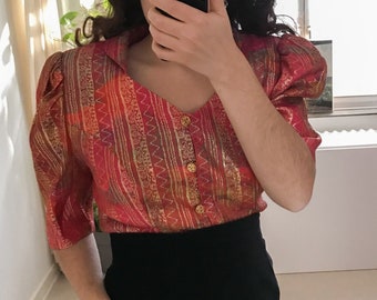 vintage | Vera Mont France | puff sleeve blouse | size large | hot pink & gold | short sleeve shirt | new years eve party