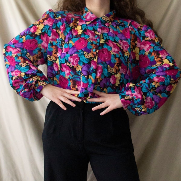 80s vintage | D'allaird's | floral summer blouse | size large | made in canada | purple pink blue | wedding picknick date