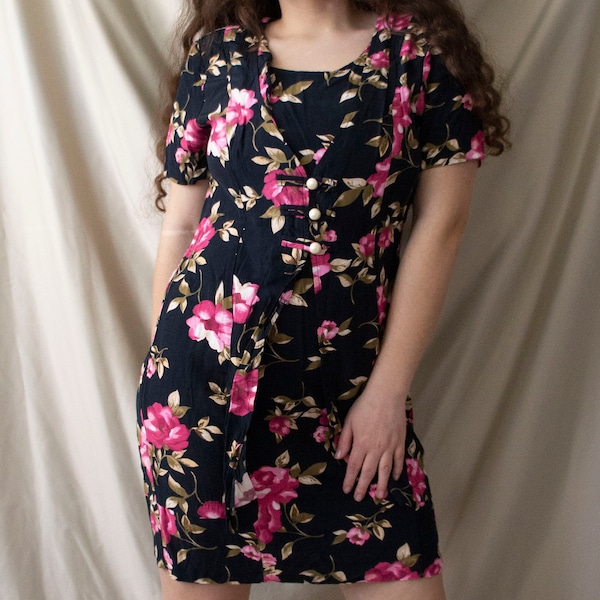 80s vintage | Ms Basia California | floral summer dress | size medium / large | black & pink | Made in USA