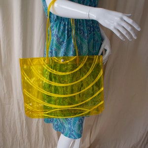 70s vintage | vinyl tote bag | yellow clear beach bag | transparent, snap button