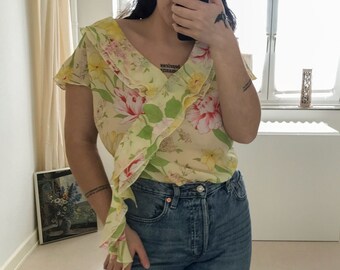vintage asymmetrical top | Together | floral top summer top | size large