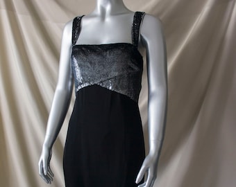 80s vintage | Louis Féraud | designer gown | cross back dress | size small | black & silver | sparkle elegant | Made in West Germany