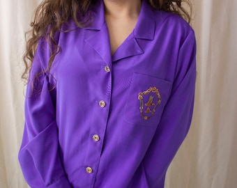 vintage blouse | Mary West | size large | violet purple | long sleeve shirt | notched collar | flying ducks embroidery