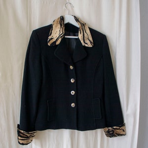 vintage wool jacket | black & animal print | size small | Made in France | cozy winter blazer