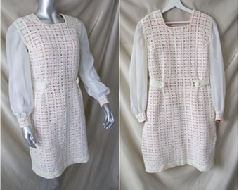 millésime des années 60 | robe au crochet faite à la main mod | taille petit | orange blanc | manches transparentes | mariage d'été