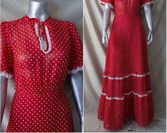 70s vintage / maxi vestido de lunares / talla extra pequeña / rojo y blanco / volantes de encaje / flamenco romántico san valentín