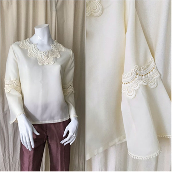 60s 70s vintage | Trevira | semi-sheer white blouse | size medium - large | bell sleeves & crochet details | romantic hippie
