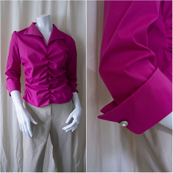 camicia rosa vintage / frontale raccolto, cerniera posteriore, maniche 3/4 e colletto appuntito / taglia media / Made in Canada