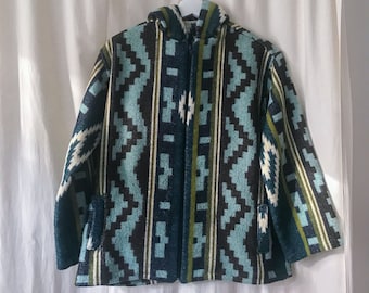 aztec hoodie jacket | wool blend | size medium | blue brown green | pockets