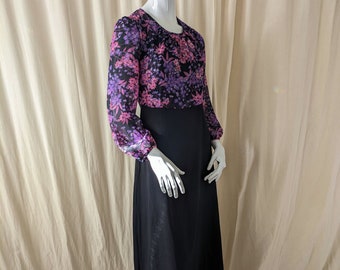 70s vintage | Denise | floral maxi dress | size small - medium | black purple pink