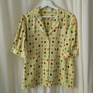 Vintage jaren 80 | Rodier | Blouseshirt met korte mouwen | maat large - extra groot | print speelkaarten nieuwigheid