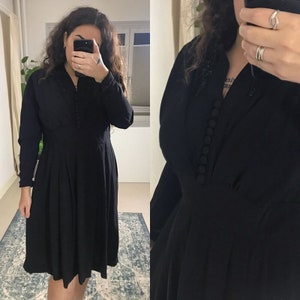 50s vintage | black dress w/ belt | size large | beads & sequins