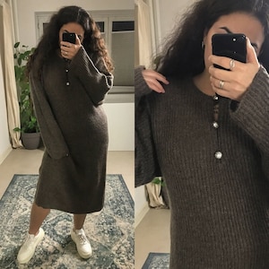 vintage mohair knit dress | brown midi dress | size medium - large | rhinestone buttons | super kid mohair | high quality