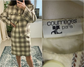 80s vintage | Courrèges Paris | designer wool two piece suit | blazer + skirt | creme brown plaid | size medium | Made in France