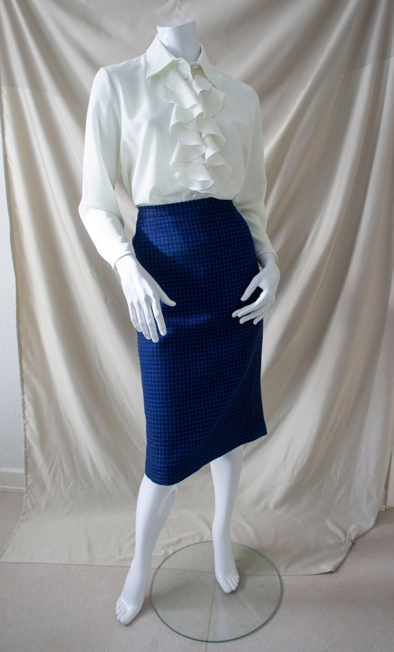 80s Vintage Marie Clemence Paris Wool Skirt Houndstooth Check Size Large Black Blue Made in France Winter Warm Etsy Canada