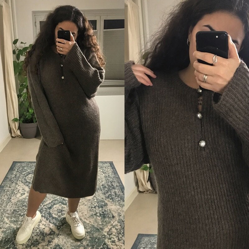 Vintage Mohair Strickkleid | braunes Midikleid | Größe M - L | Strassknöpfe | super Kid Mohair | hohe Qualität