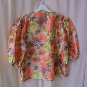 vintage 30s 40s style | handmade blouse shirt | puff sleeves | semi sheer | size large | abstract floral | earthy tones