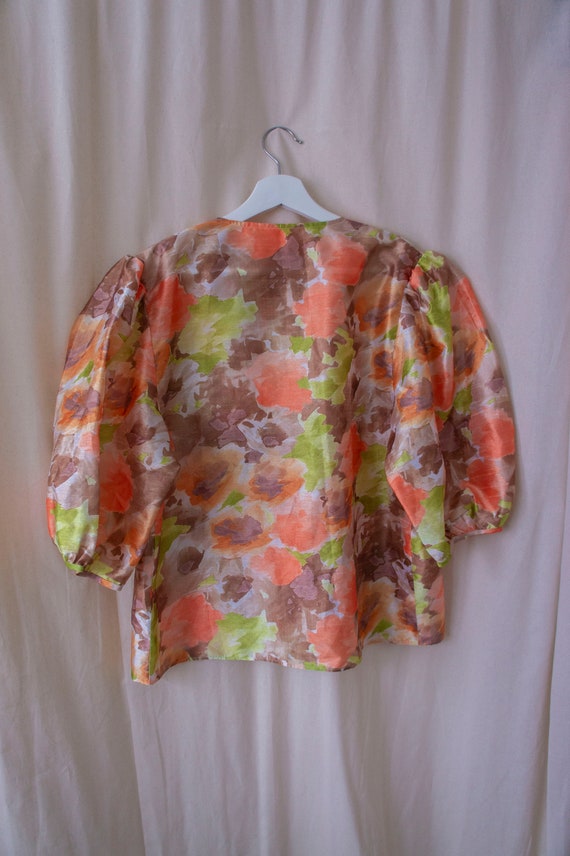 vintage 30s 40s style | handmade blouse shirt | puff sleeves | semi sheer | size large | abstract floral | earthy tones
