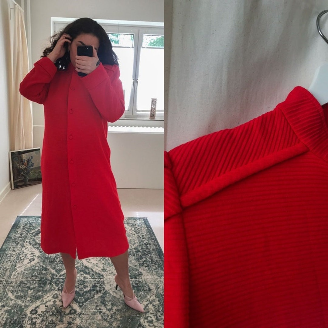 80s Vintage Kentelle Red Button Down Dress With Pockets Red Coat Size