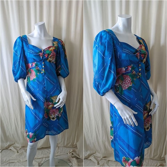 Blue floral midi dress with sleeves hot sale